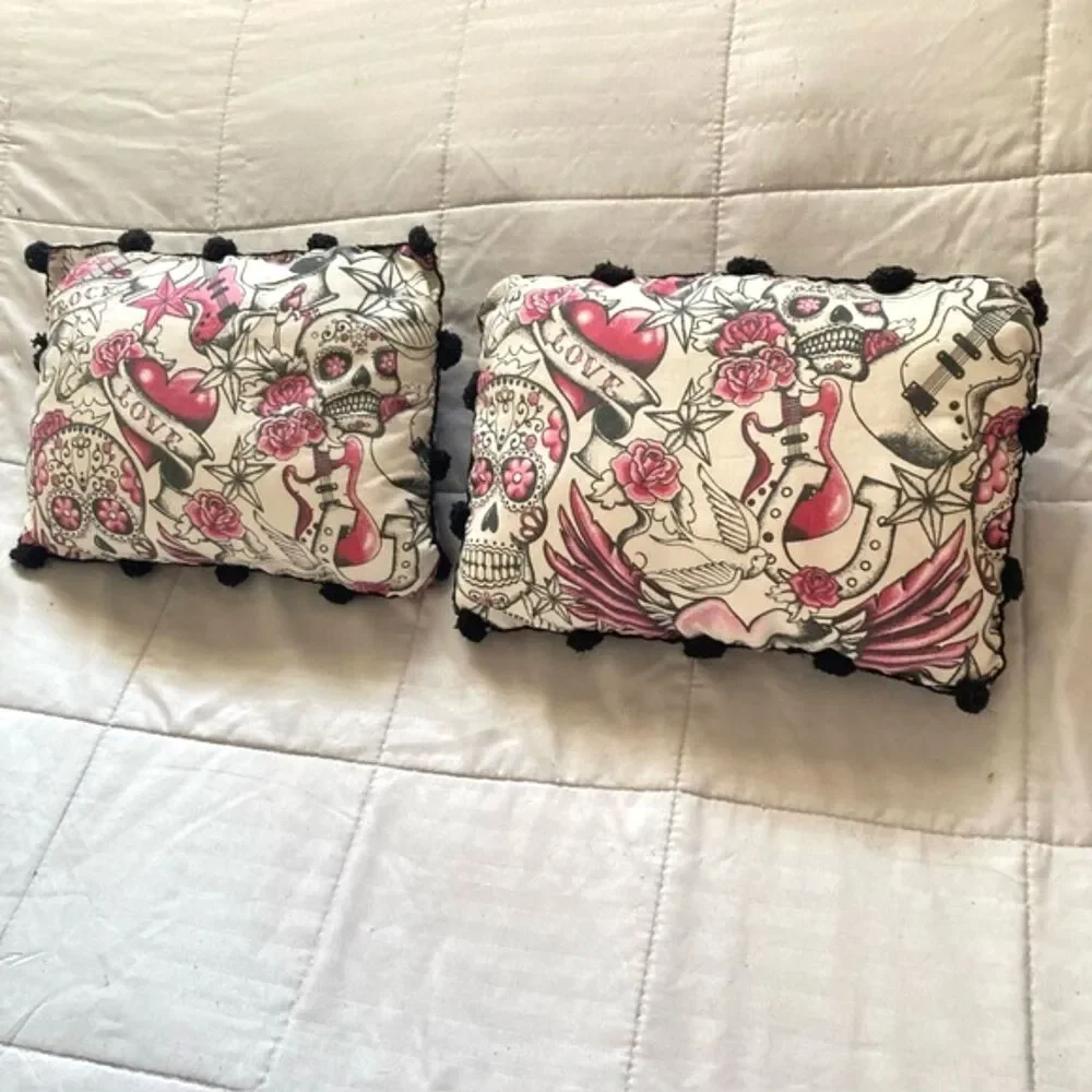 DAY of THE DEAD Rock Guitar Pink Roses Accent Throw Pillow 12 x 8 in Set of 2